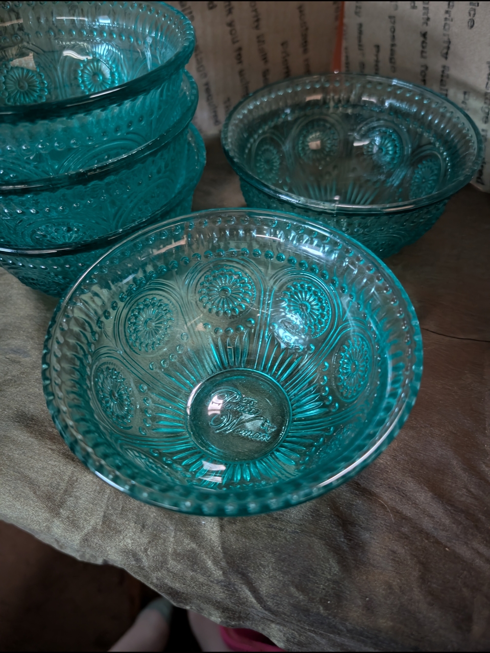 Pioneer Woman Teal Pressed Glass Dessert Bowls - 5 piece Set
